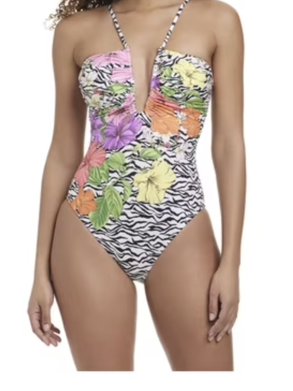 Floral Zebra Print One-Piece Swimsuit - Multicolor